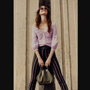 Anthropologie The Essential Belted Slim Trousers in Black Purple Orange Stripe 8